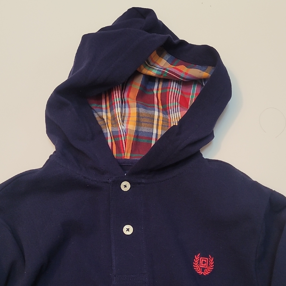 Chaps Navy Hoodie with Colorful Plaid Lining